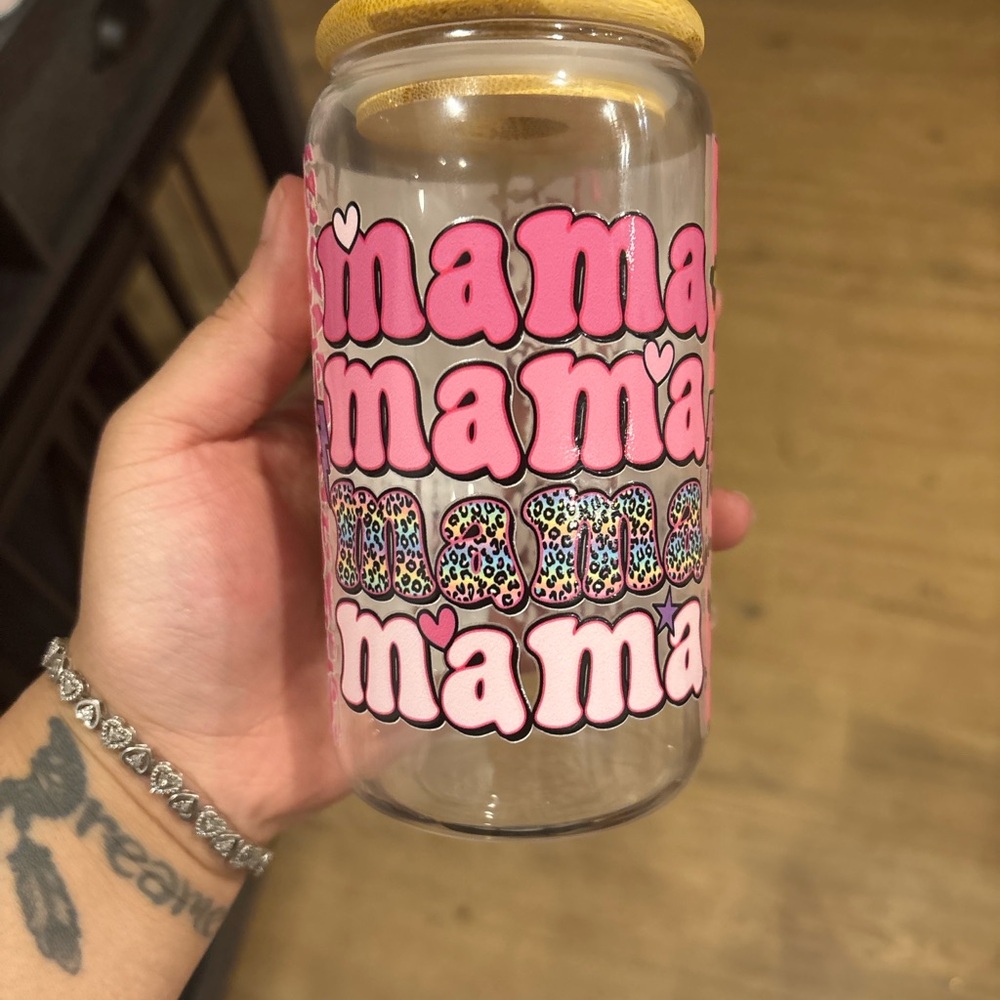 Pink and Leopard Print 'Mama' Glass Tumbler